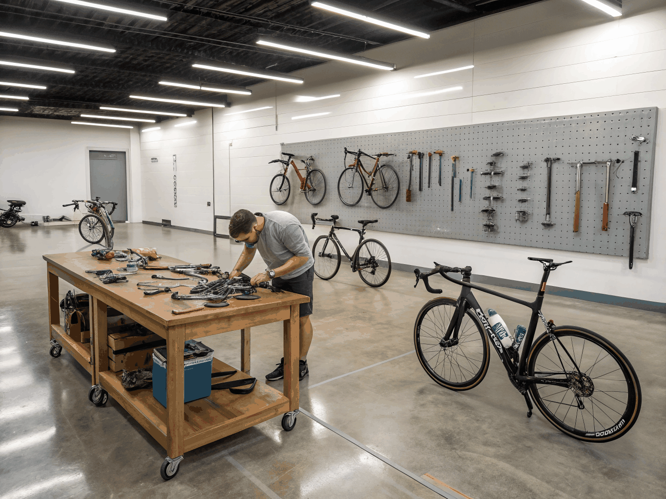 Feinmechanische Werkzeuge und Laufradzentrierständer in der Werkstatt Fietspiepe